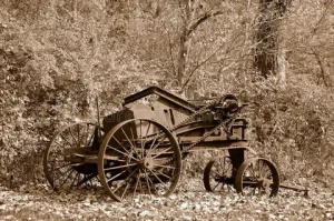 Old farm machinery and agricultural implements collected for scrap metal recycling