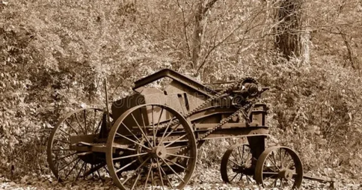 Old farm machinery and agricultural implements collected for scrap metal recycling